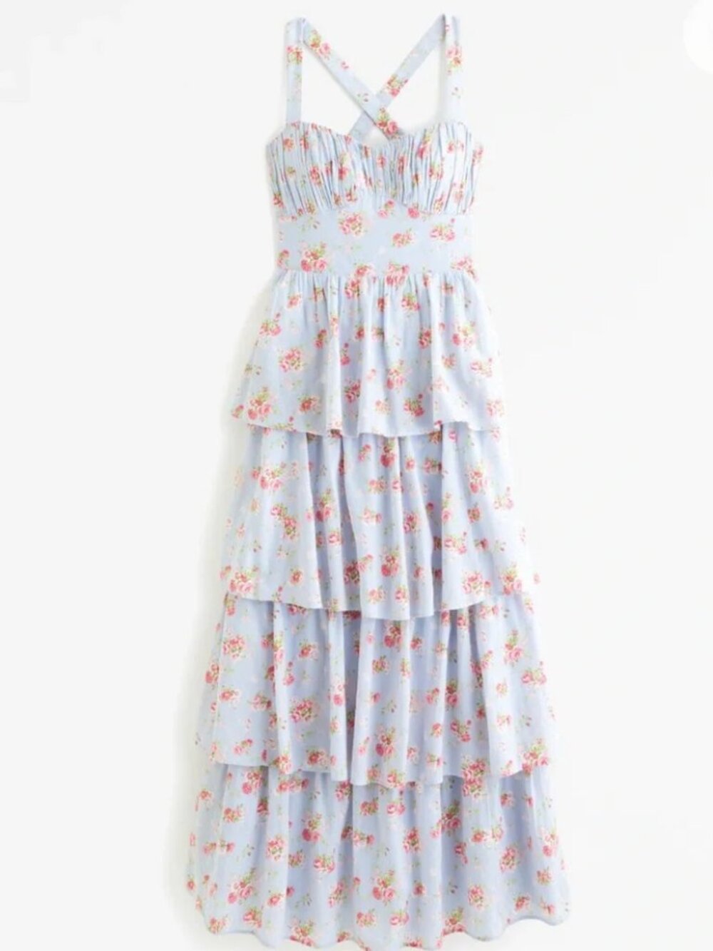 Abercrombie & Fitch tiered maxi dress with lace up back in blue floral Large